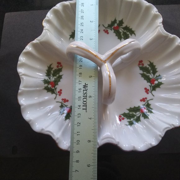 Porcelain three section Relish candy Christmas dish Holly Gold Trim - Picture 11 of 15
